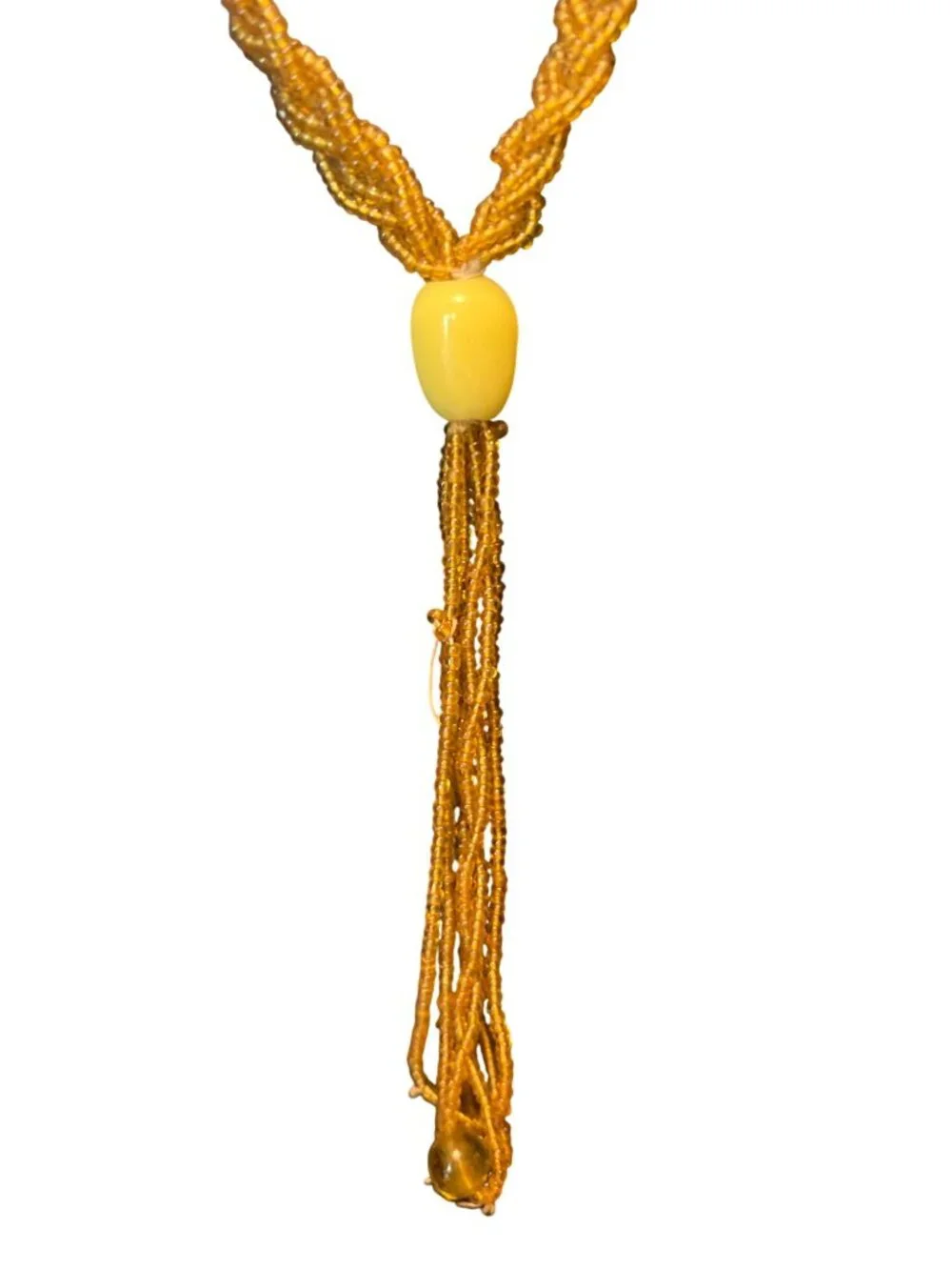 Vintage Gold Beaded Braided Necklace With Tassel Pendant  READ